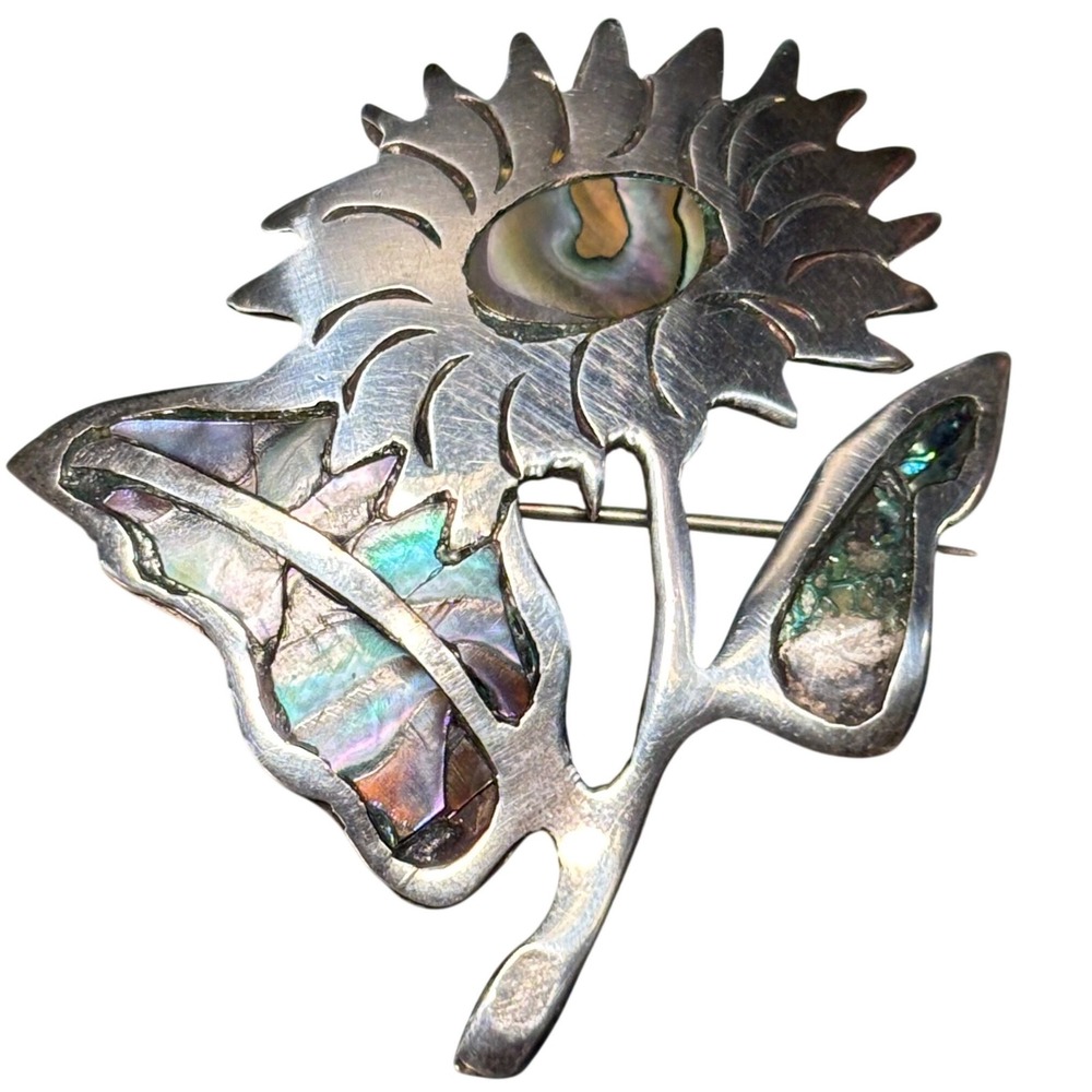 Vintage Mexican Sterling Silver Abalone Sunflower Brooch Pin GOM Eagle Stamp 925